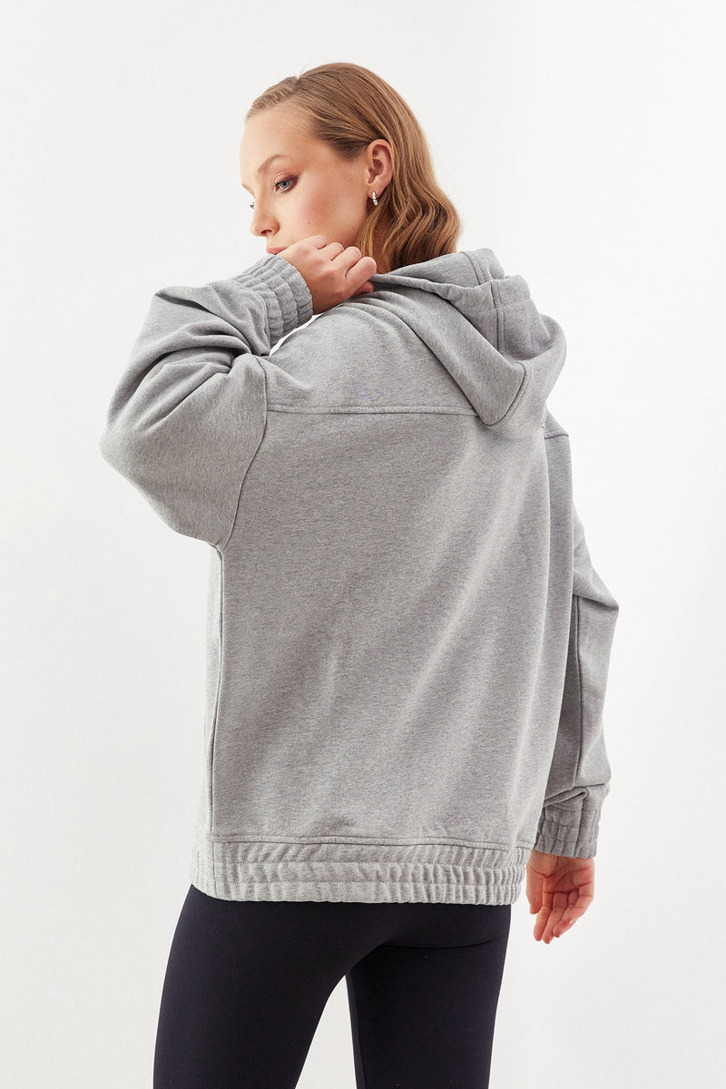 Gri Melanj Kapüşonlu Cepli Basic Sweatshirt