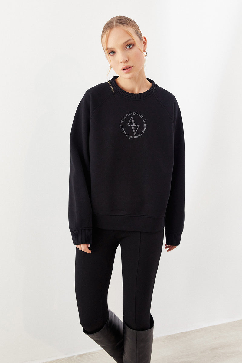 Siyah LIMITED Auric Logo Nakışlı Triko Mix Bonded Sweatshirt