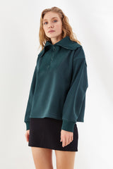 Koyu Yeşil Triko Kombinli Fermuarlı Sweatshirt