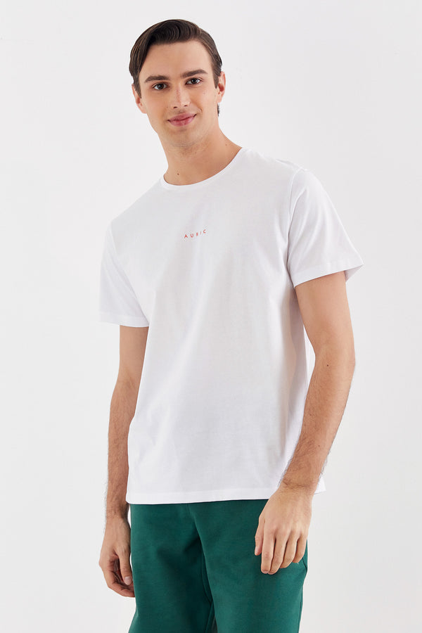 Beyaz AURIC Baskılı Basic Pamuk Erkek T-Shirt