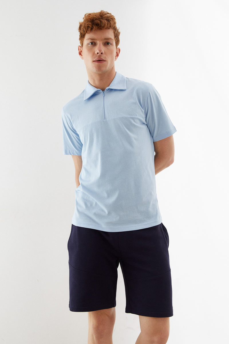 Açık Mavi Polo Yaka Bloklu Erkek T-Shirt