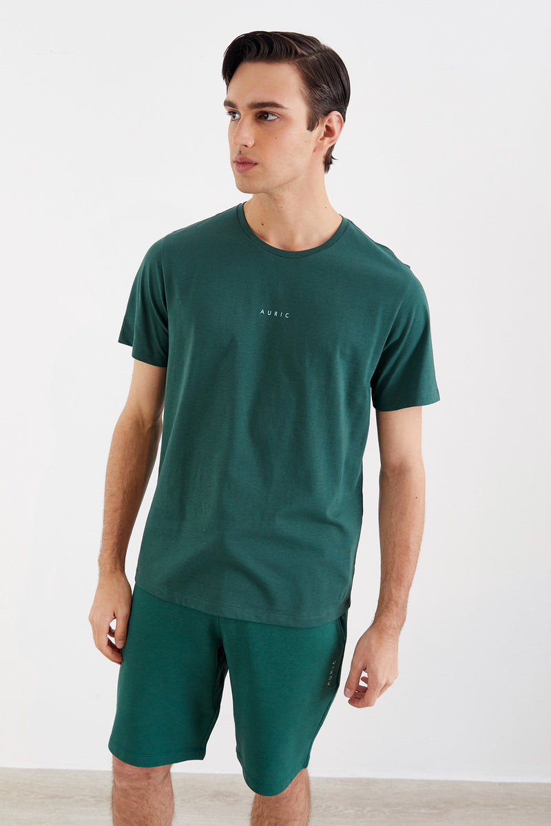 Yeşil AURIC Baskılı Basic Pamuk Erkek T-Shirt