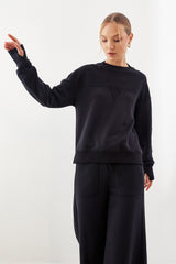 Siyah AURIC Nakışlı Parmak Geçmeli Sweatshirt