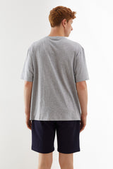 Gri Melanj Basic Oversize Nakışlı Erkek T-Shirt
