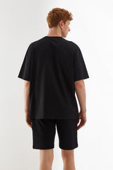 Siyah Basic Oversize Nakışlı Erkek T-Shirt