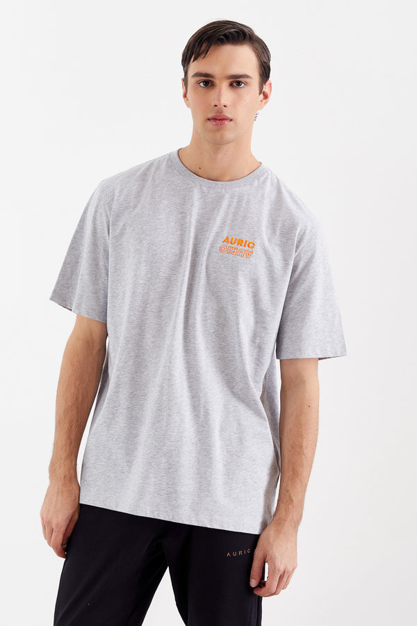 Gri Melanj AURIC Nakışlı Oversize Erkek T-Shirt