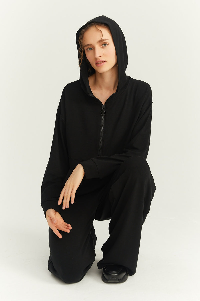 Siyah LIMITED Modal Oversize Fermuarlı Kapüşonlu Sweatshirt