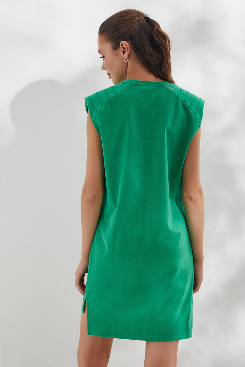 Yeşil AURIC Baskılı Süs Dikiş Detaylı Vatkalı Elbise