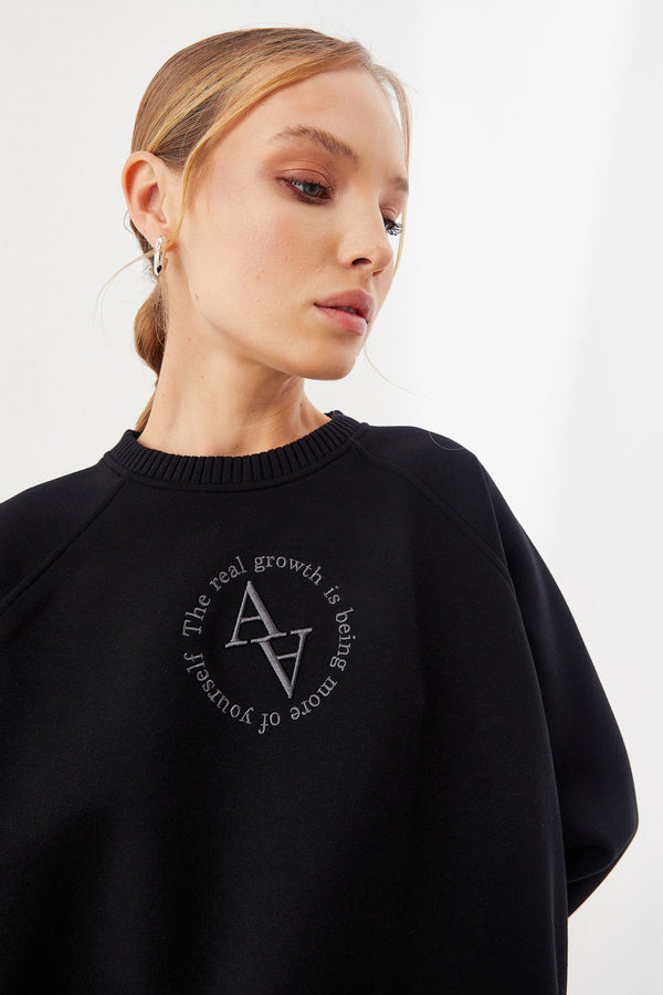 Siyah LIMITED Auric Logo Nakışlı Triko Mix Bonded Sweatshirt